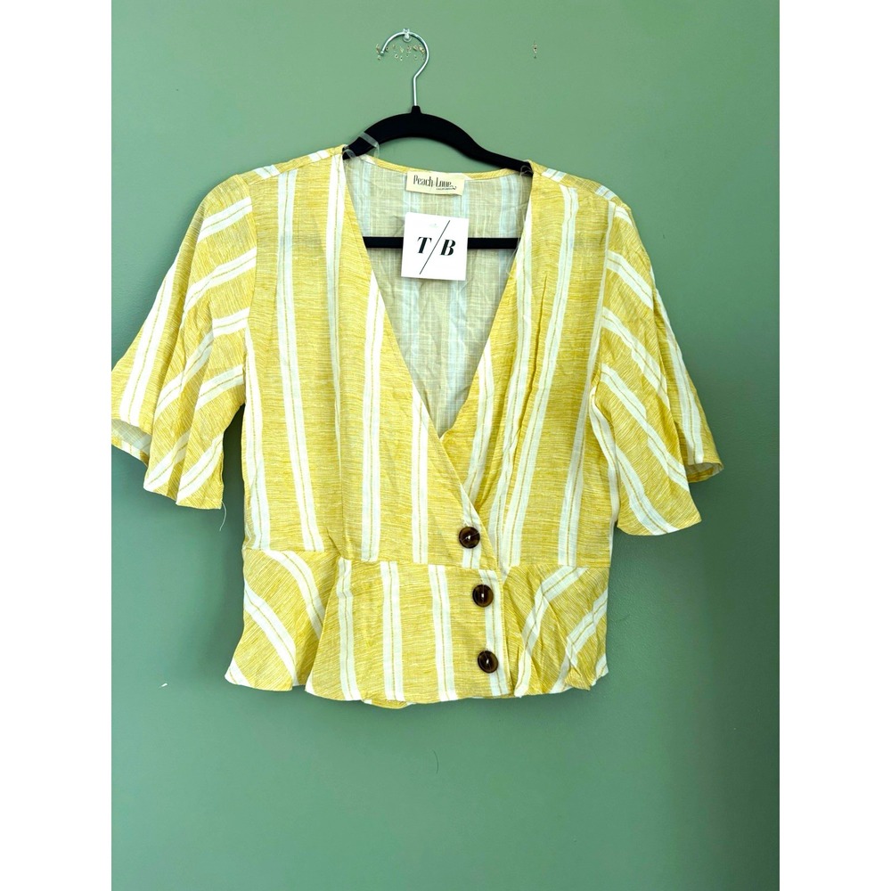 Peach Love California Yellow/White Striped Woven V-Neck Button Blouse M Boutique